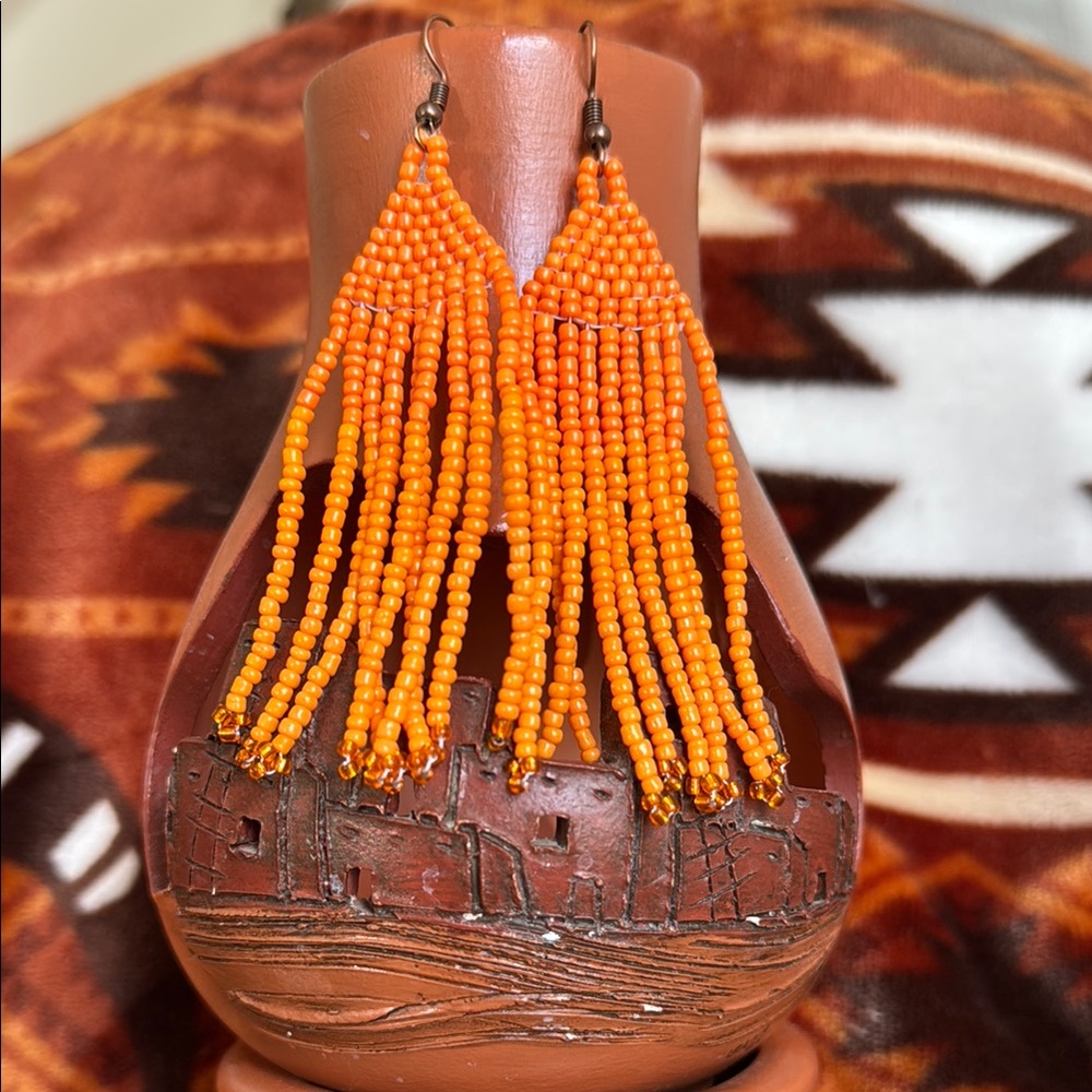 Orange Beaded Fringe Earrings - Handmade